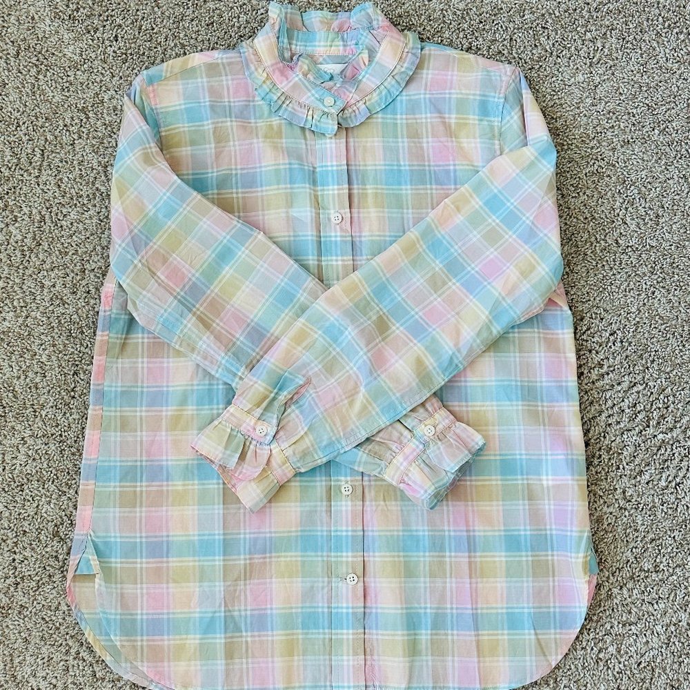 🌈 New 🌈 J Crew Classic-Fit Cotton-Silk Voile Ruffleneck Shirt in Pastel Plaid - Picture 7 of 13